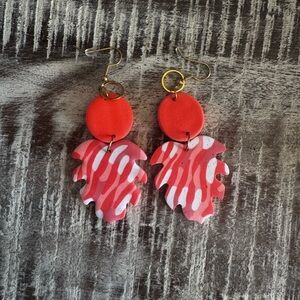 Handmade Coral and White Palm Leave Clay Earrings
